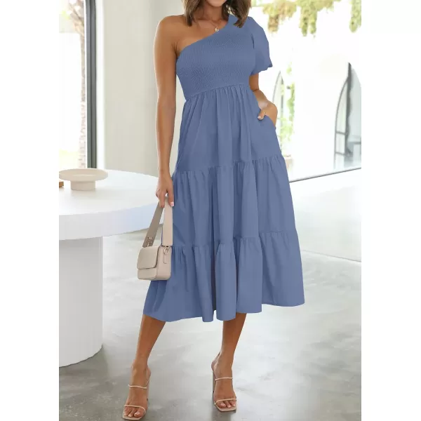 imageZESICA Womens 2023 Boho Summer One Shoulder Short Sleeve Smocked Side Split Ruffle Swing Midi DressDustyblue