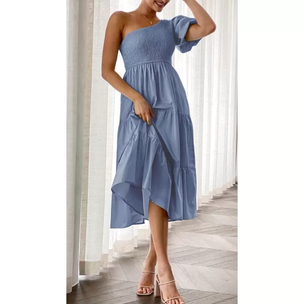 imageZESICA Womens 2023 Boho Summer One Shoulder Short Sleeve Smocked Side Split Ruffle Swing Midi DressDustyblue