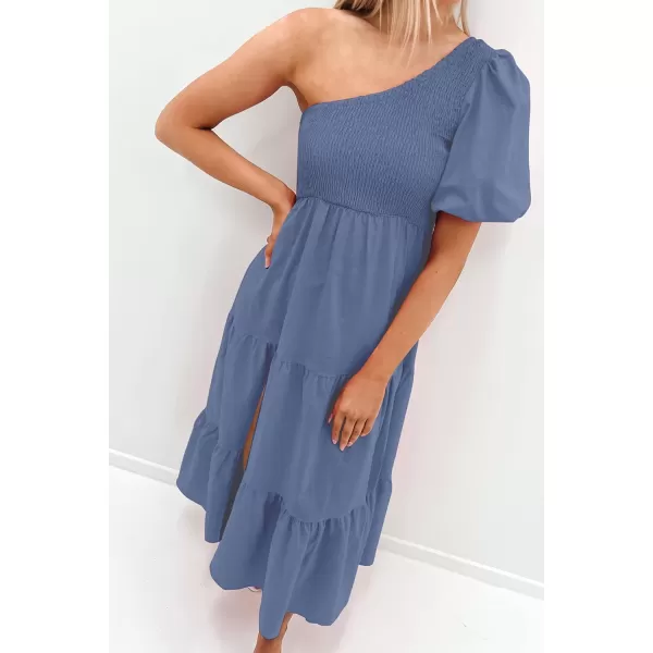 imageZESICA Womens 2023 Boho Summer One Shoulder Short Sleeve Smocked Side Split Ruffle Swing Midi DressDustyblue