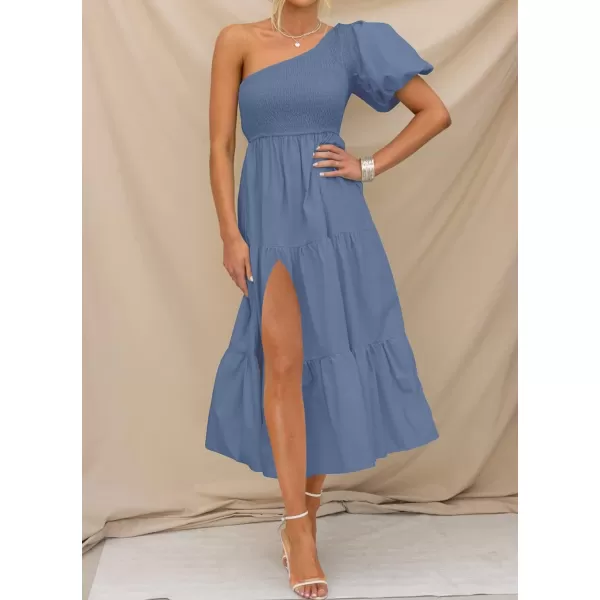 imageZESICA Womens 2023 Boho Summer One Shoulder Short Sleeve Smocked Side Split Ruffle Swing Midi DressDustyblue