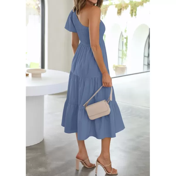 imageZESICA Womens 2023 Boho Summer One Shoulder Short Sleeve Smocked Side Split Ruffle Swing Midi DressDustyblue