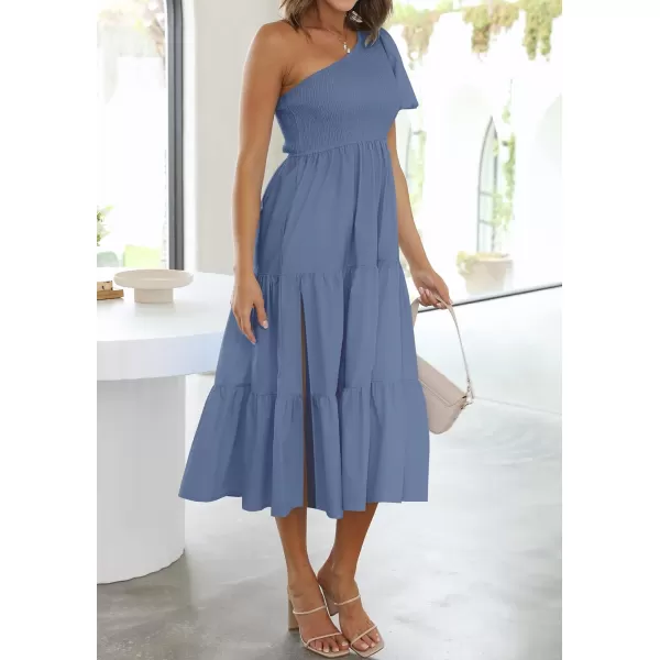 imageZESICA Womens 2023 Boho Summer One Shoulder Short Sleeve Smocked Side Split Ruffle Swing Midi DressDustyblue