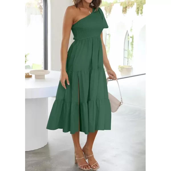 imageZESICA Womens 2023 Boho Summer One Shoulder Short Sleeve Smocked Side Split Ruffle Swing Midi DressForestgreen
