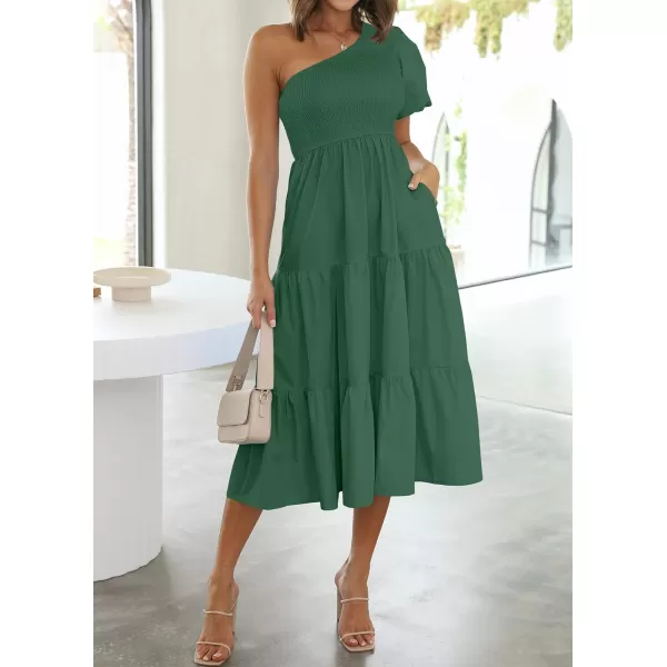 imageZESICA Womens 2023 Boho Summer One Shoulder Short Sleeve Smocked Side Split Ruffle Swing Midi DressForestgreen