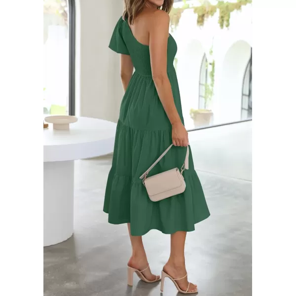imageZESICA Womens 2023 Boho Summer One Shoulder Short Sleeve Smocked Side Split Ruffle Swing Midi DressForestgreen
