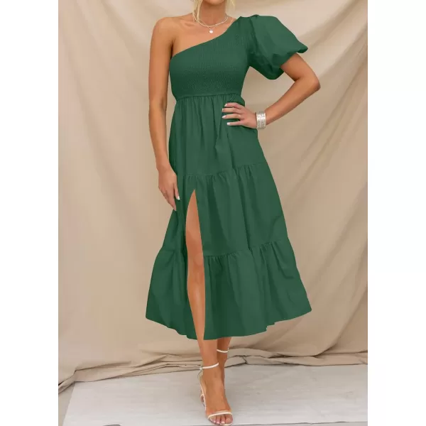 imageZESICA Womens 2023 Boho Summer One Shoulder Short Sleeve Smocked Side Split Ruffle Swing Midi DressForestgreen
