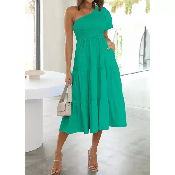 imageZESICA Womens 2023 Boho Summer One Shoulder Short Sleeve Smocked Side Split Ruffle Swing Midi DressGreen