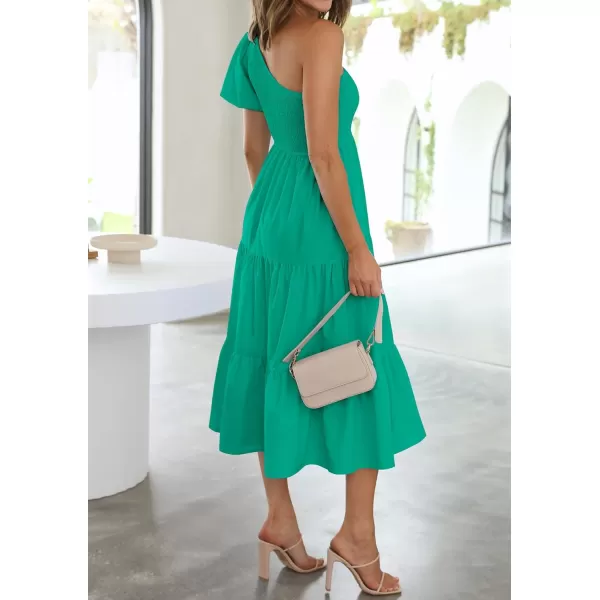 imageZESICA Womens 2023 Boho Summer One Shoulder Short Sleeve Smocked Side Split Ruffle Swing Midi DressGreen