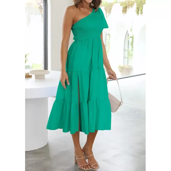 imageZESICA Womens 2023 Boho Summer One Shoulder Short Sleeve Smocked Side Split Ruffle Swing Midi DressGreen