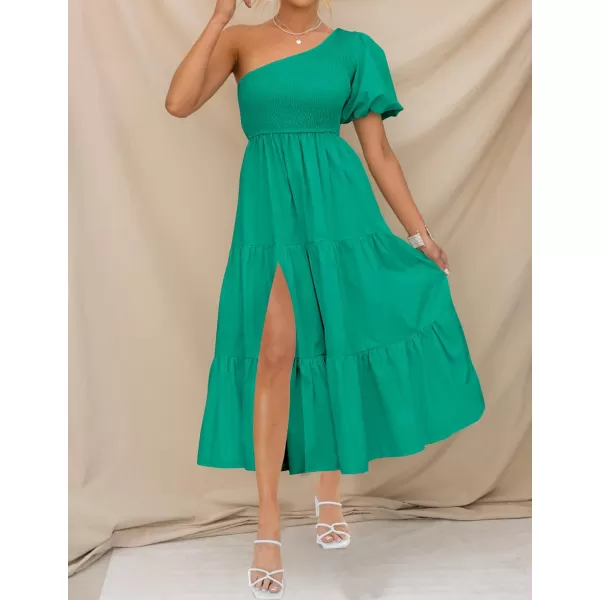 imageZESICA Womens 2023 Boho Summer One Shoulder Short Sleeve Smocked Side Split Ruffle Swing Midi DressGreen
