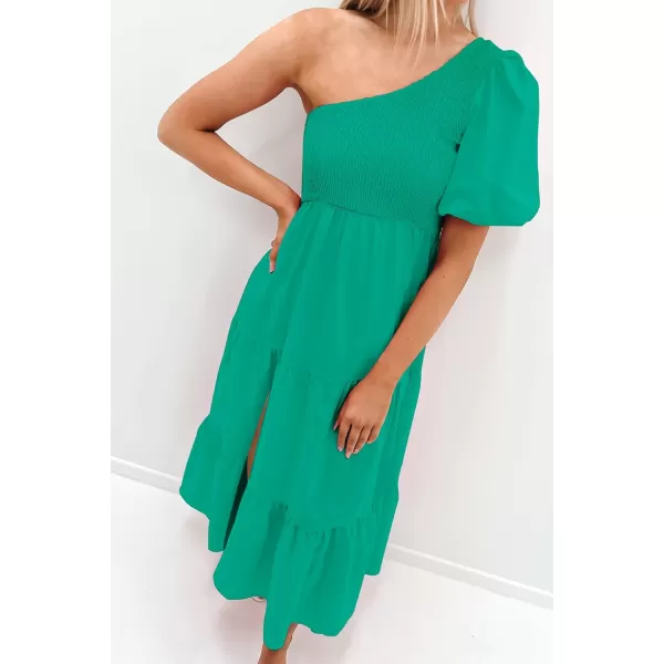 imageZESICA Womens 2023 Boho Summer One Shoulder Short Sleeve Smocked Side Split Ruffle Swing Midi DressGreen