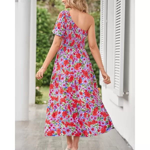 imageZESICA Womens 2023 Boho Summer One Shoulder Short Sleeve Smocked Side Split Ruffle Swing Midi DressLavender