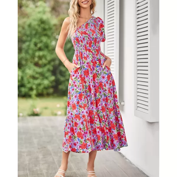 imageZESICA Womens 2023 Boho Summer One Shoulder Short Sleeve Smocked Side Split Ruffle Swing Midi DressLavender