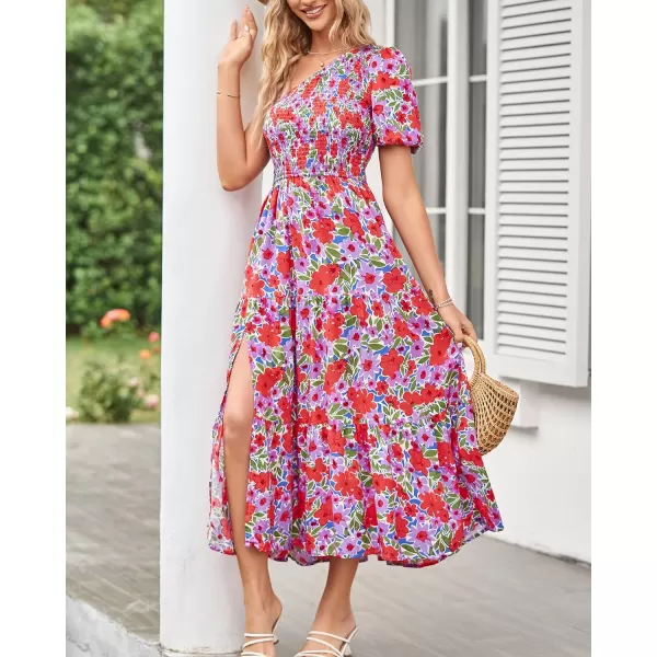 imageZESICA Womens 2023 Boho Summer One Shoulder Short Sleeve Smocked Side Split Ruffle Swing Midi DressLavender