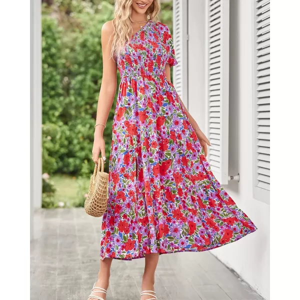 imageZESICA Womens 2023 Boho Summer One Shoulder Short Sleeve Smocked Side Split Ruffle Swing Midi DressLavender