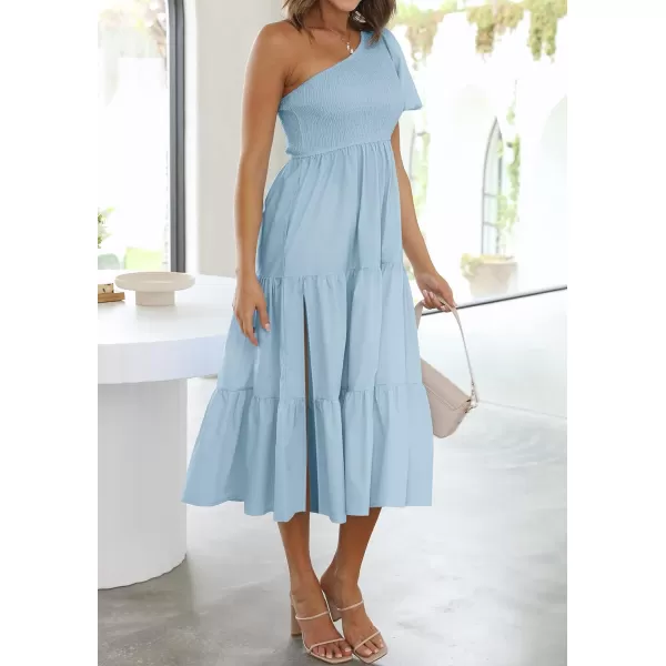 imageZESICA Womens 2023 Boho Summer One Shoulder Short Sleeve Smocked Side Split Ruffle Swing Midi DressLightblue