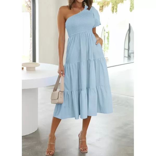 imageZESICA Womens 2023 Boho Summer One Shoulder Short Sleeve Smocked Side Split Ruffle Swing Midi DressLightblue