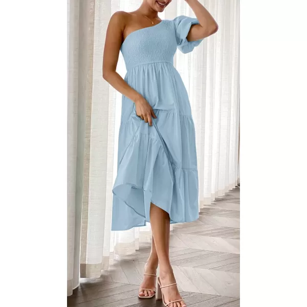 imageZESICA Womens 2023 Boho Summer One Shoulder Short Sleeve Smocked Side Split Ruffle Swing Midi DressLightblue
