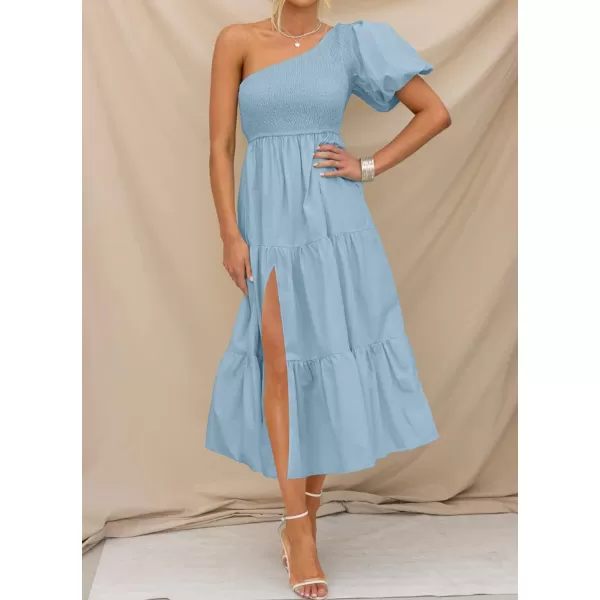 imageZESICA Womens 2023 Boho Summer One Shoulder Short Sleeve Smocked Side Split Ruffle Swing Midi DressLightblue