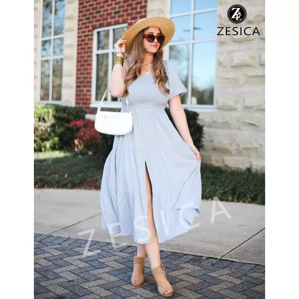 imageZESICA Womens 2023 Boho Summer One Shoulder Short Sleeve Smocked Side Split Ruffle Swing Midi DressLightblue