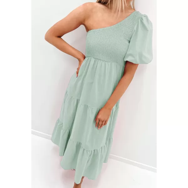 imageZESICA Womens 2023 Boho Summer One Shoulder Short Sleeve Smocked Side Split Ruffle Swing Midi DressLightgreen