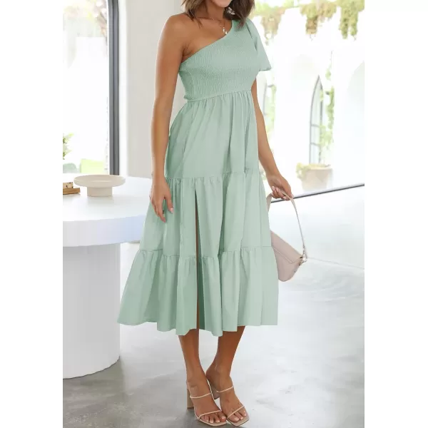 imageZESICA Womens 2023 Boho Summer One Shoulder Short Sleeve Smocked Side Split Ruffle Swing Midi DressLightgreen