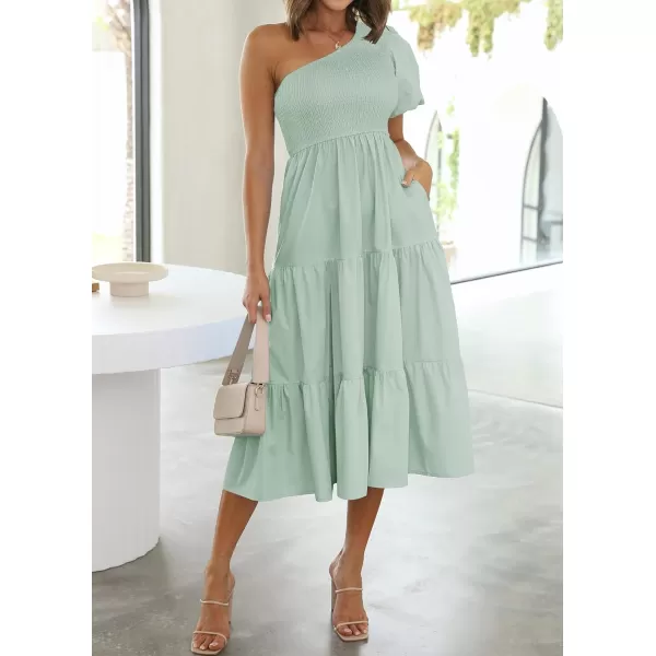 imageZESICA Womens 2023 Boho Summer One Shoulder Short Sleeve Smocked Side Split Ruffle Swing Midi DressLightgreen