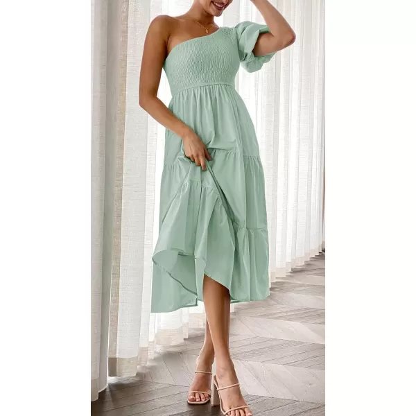 imageZESICA Womens 2023 Boho Summer One Shoulder Short Sleeve Smocked Side Split Ruffle Swing Midi DressLightgreen