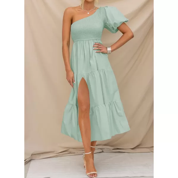 imageZESICA Womens 2023 Boho Summer One Shoulder Short Sleeve Smocked Side Split Ruffle Swing Midi DressLightgreen