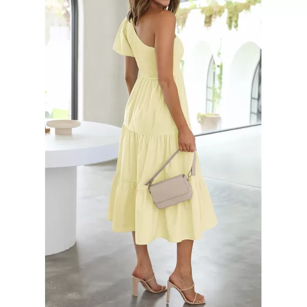 imageZESICA Womens 2023 Boho Summer One Shoulder Short Sleeve Smocked Side Split Ruffle Swing Midi DressLightyellow