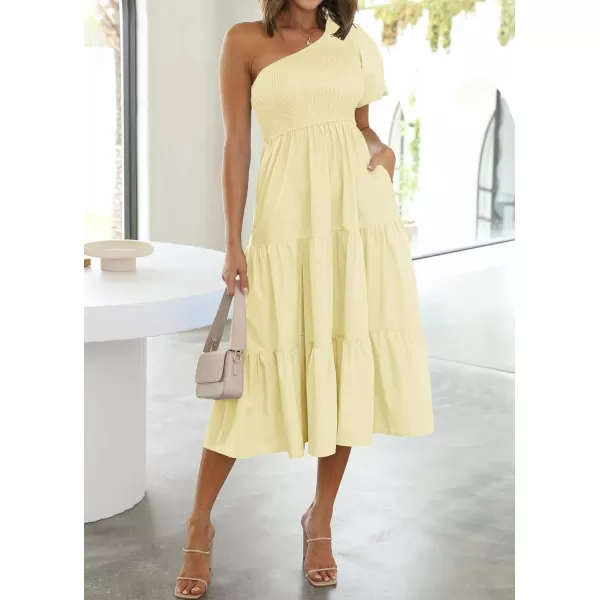 imageZESICA Womens 2023 Boho Summer One Shoulder Short Sleeve Smocked Side Split Ruffle Swing Midi DressLightyellow
