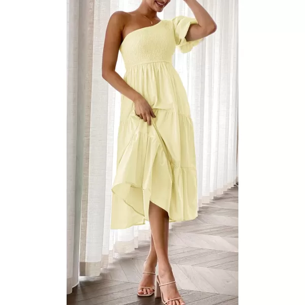 imageZESICA Womens 2023 Boho Summer One Shoulder Short Sleeve Smocked Side Split Ruffle Swing Midi DressLightyellow