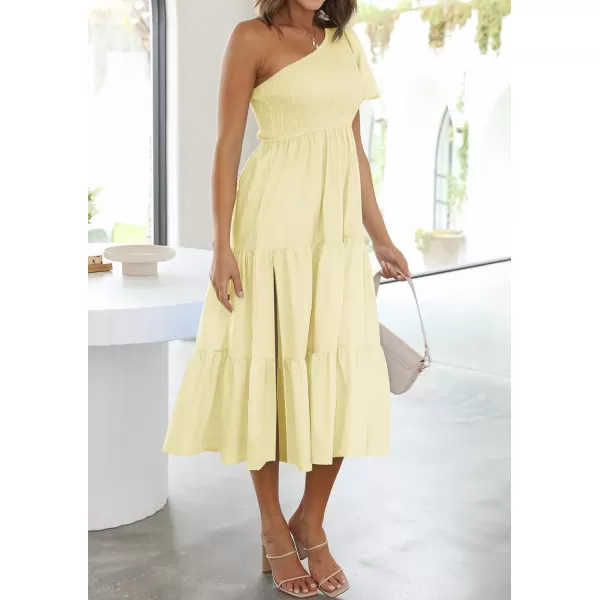 imageZESICA Womens 2023 Boho Summer One Shoulder Short Sleeve Smocked Side Split Ruffle Swing Midi DressLightyellow
