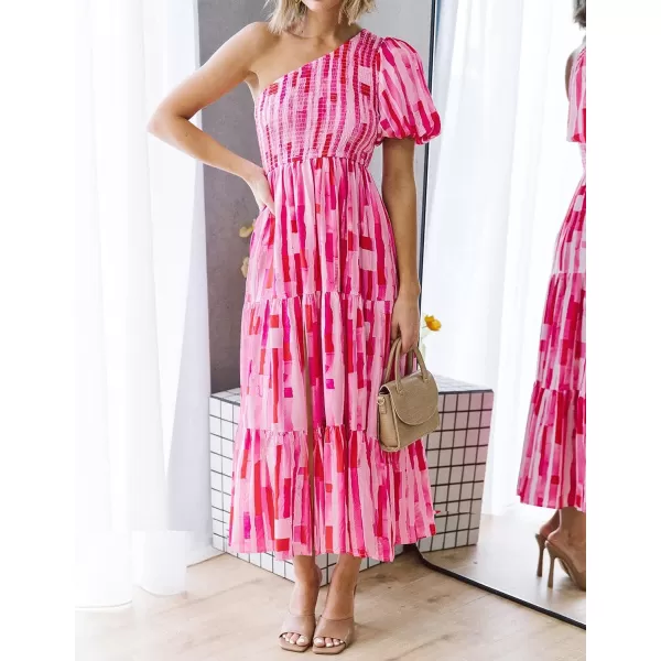 imageZESICA Womens 2023 Boho Summer One Shoulder Short Sleeve Smocked Side Split Ruffle Swing Midi DressMagenta