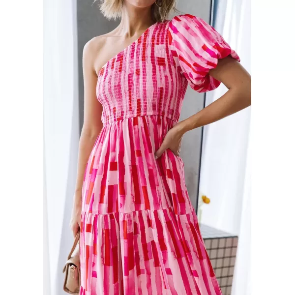 imageZESICA Womens 2023 Boho Summer One Shoulder Short Sleeve Smocked Side Split Ruffle Swing Midi DressMagenta