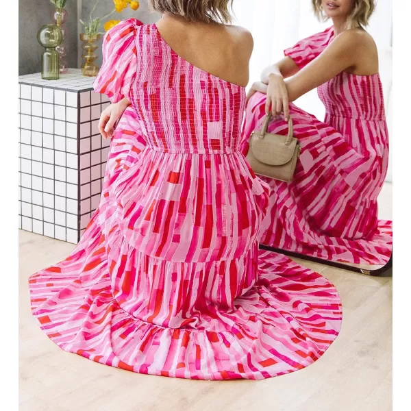 imageZESICA Womens 2023 Boho Summer One Shoulder Short Sleeve Smocked Side Split Ruffle Swing Midi DressMagenta