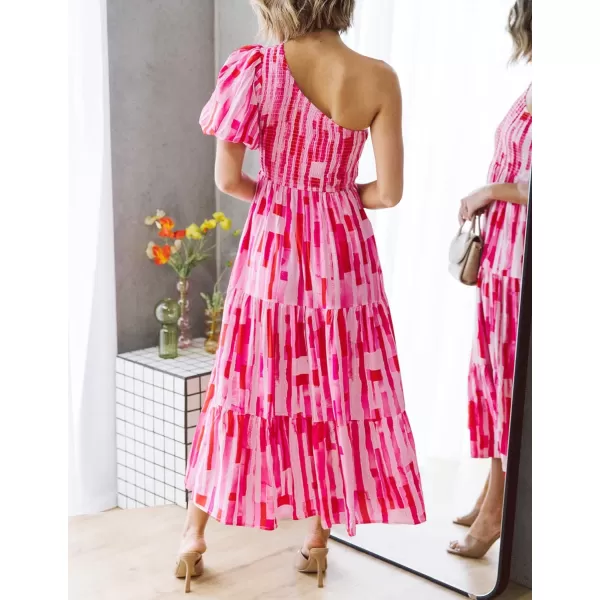 imageZESICA Womens 2023 Boho Summer One Shoulder Short Sleeve Smocked Side Split Ruffle Swing Midi DressMagenta