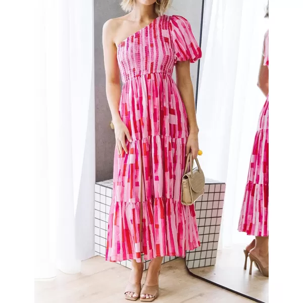 imageZESICA Womens 2023 Boho Summer One Shoulder Short Sleeve Smocked Side Split Ruffle Swing Midi DressMagenta