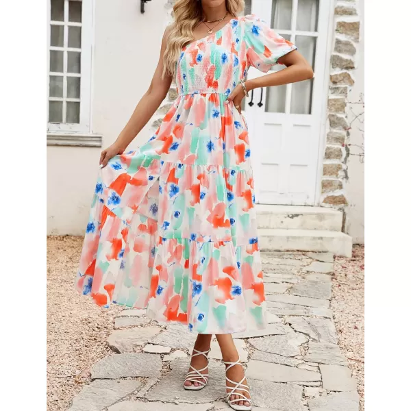 imageZESICA Womens 2023 Boho Summer One Shoulder Short Sleeve Smocked Side Split Ruffle Swing Midi DressPeach