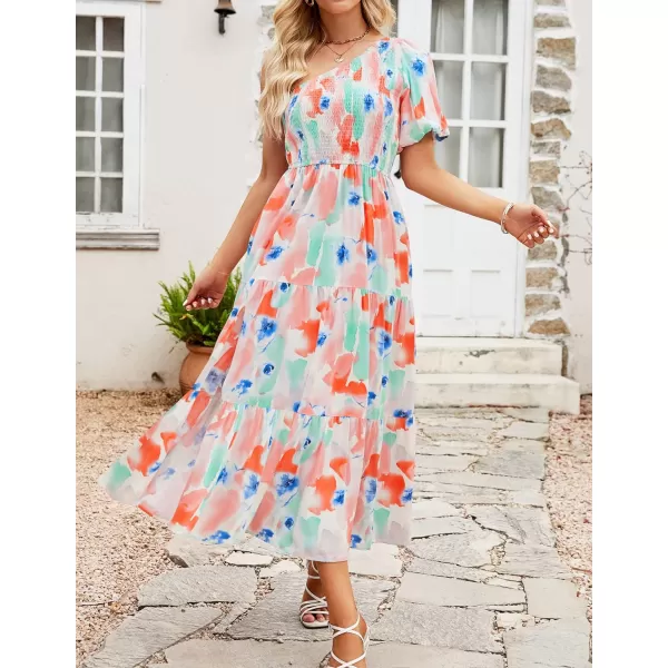 imageZESICA Womens 2023 Boho Summer One Shoulder Short Sleeve Smocked Side Split Ruffle Swing Midi DressPeach