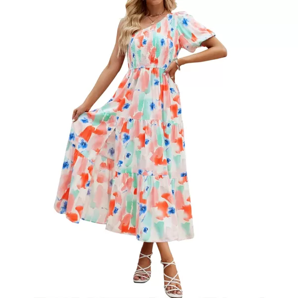 imageZESICA Womens 2023 Boho Summer One Shoulder Short Sleeve Smocked Side Split Ruffle Swing Midi DressPeach