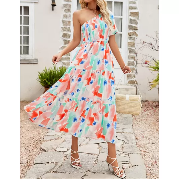 imageZESICA Womens 2023 Boho Summer One Shoulder Short Sleeve Smocked Side Split Ruffle Swing Midi DressPeach