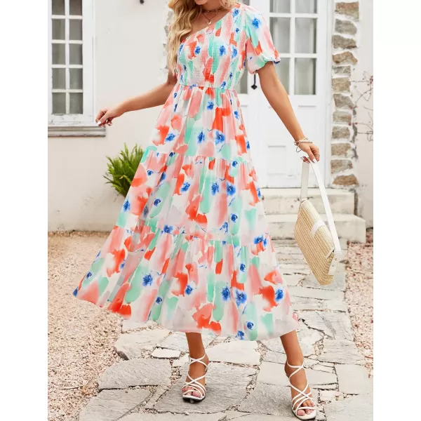 imageZESICA Womens 2023 Boho Summer One Shoulder Short Sleeve Smocked Side Split Ruffle Swing Midi DressPeach