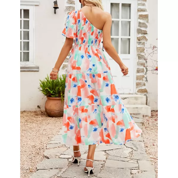 imageZESICA Womens 2023 Boho Summer One Shoulder Short Sleeve Smocked Side Split Ruffle Swing Midi DressPeach