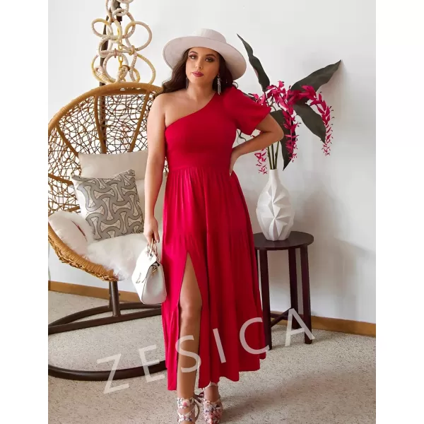 imageZESICA Womens 2023 Boho Summer One Shoulder Short Sleeve Smocked Side Split Ruffle Swing Midi DressPlum