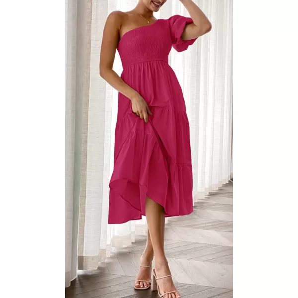imageZESICA Womens 2023 Boho Summer One Shoulder Short Sleeve Smocked Side Split Ruffle Swing Midi DressPlum