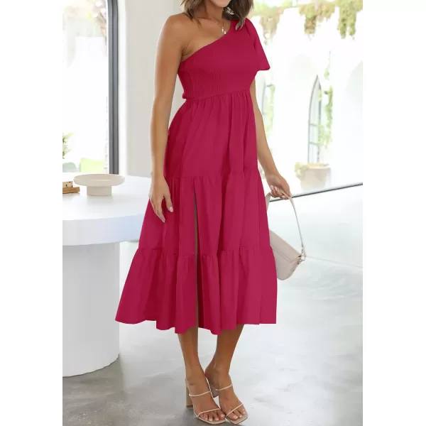 imageZESICA Womens 2023 Boho Summer One Shoulder Short Sleeve Smocked Side Split Ruffle Swing Midi DressPlum