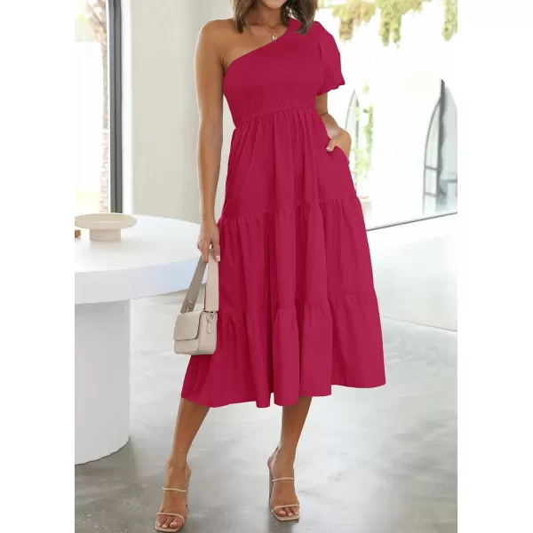 imageZESICA Womens 2023 Boho Summer One Shoulder Short Sleeve Smocked Side Split Ruffle Swing Midi DressPlum