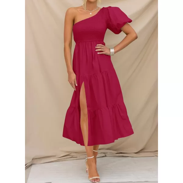 imageZESICA Womens 2023 Boho Summer One Shoulder Short Sleeve Smocked Side Split Ruffle Swing Midi DressPlum