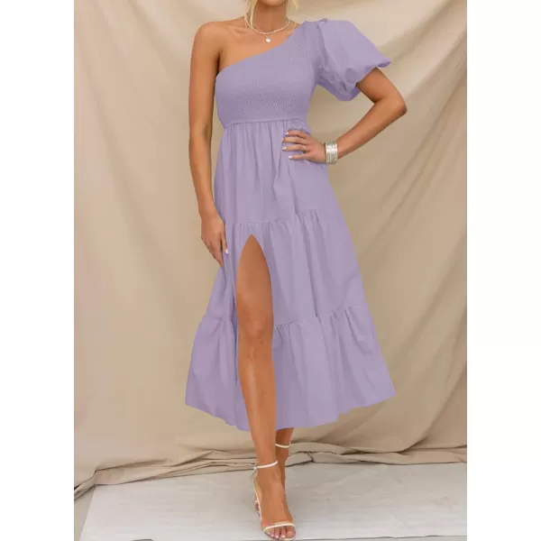 imageZESICA Womens 2023 Boho Summer One Shoulder Short Sleeve Smocked Side Split Ruffle Swing Midi DressPurple